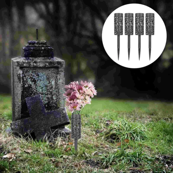Cemetery Vase Set - 4 Pcs Plastic Flower Containers with Spiked Stake Stand for Personalized Outdoor Memorial Decorations at Graves