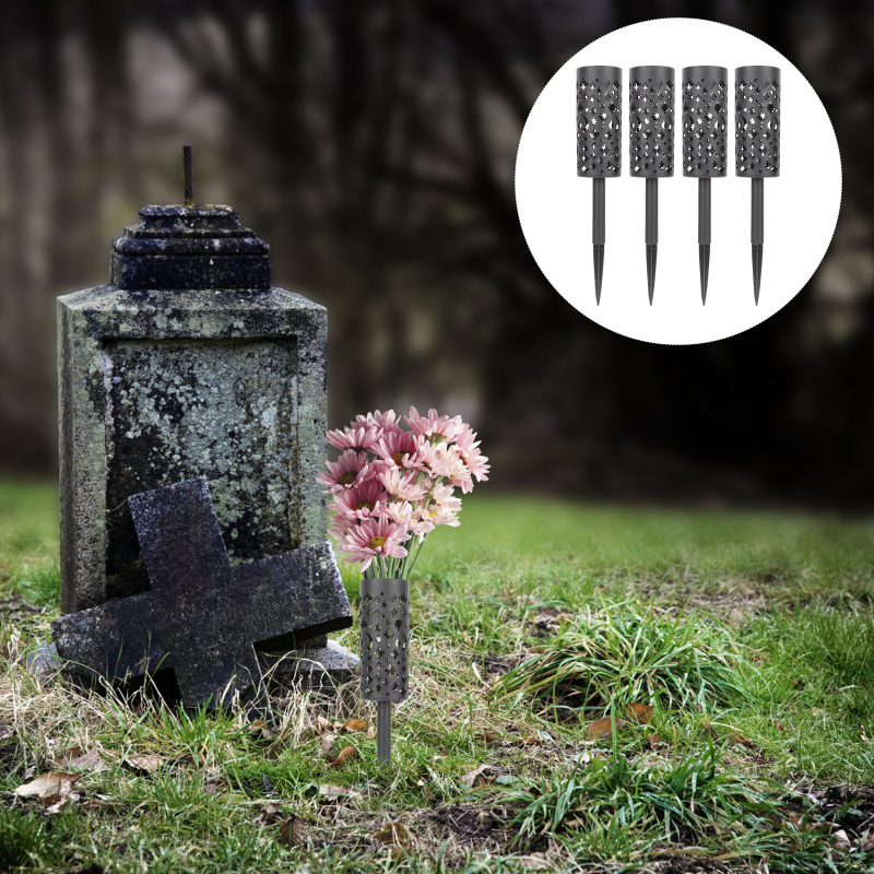 Cemetery Vase Set - 4 Pcs Plastic Flower Containers with Spiked Stake Stand for Personalized Outdoor Memorial Decorations at Graves