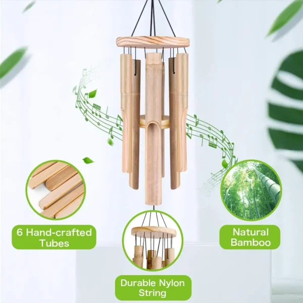 Bamboo Memorial Wind Chimes - 6 Tubes with Natural Relaxing Soothing Sound - Hand-Carved Outdoor Chimes for Garden, Patio, and Home Decor - Image 3