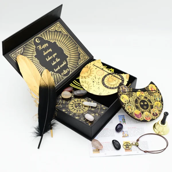 Deluxe Sun Gift Box Set with Gold Foil Tarot - Beautiful Tarot Decks - 12 * 7cm Stamping PVC, Waterproof, Wear Resistant Board Game Card in Feather Black Gold Design - Image 2