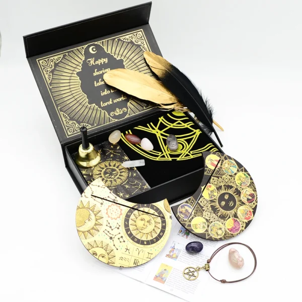 Deluxe Sun Gift Box Set with Gold Foil Tarot - Beautiful Tarot Decks - 12 * 7cm Stamping PVC, Waterproof, Wear Resistant Board Game Card in Feather Black Gold Design