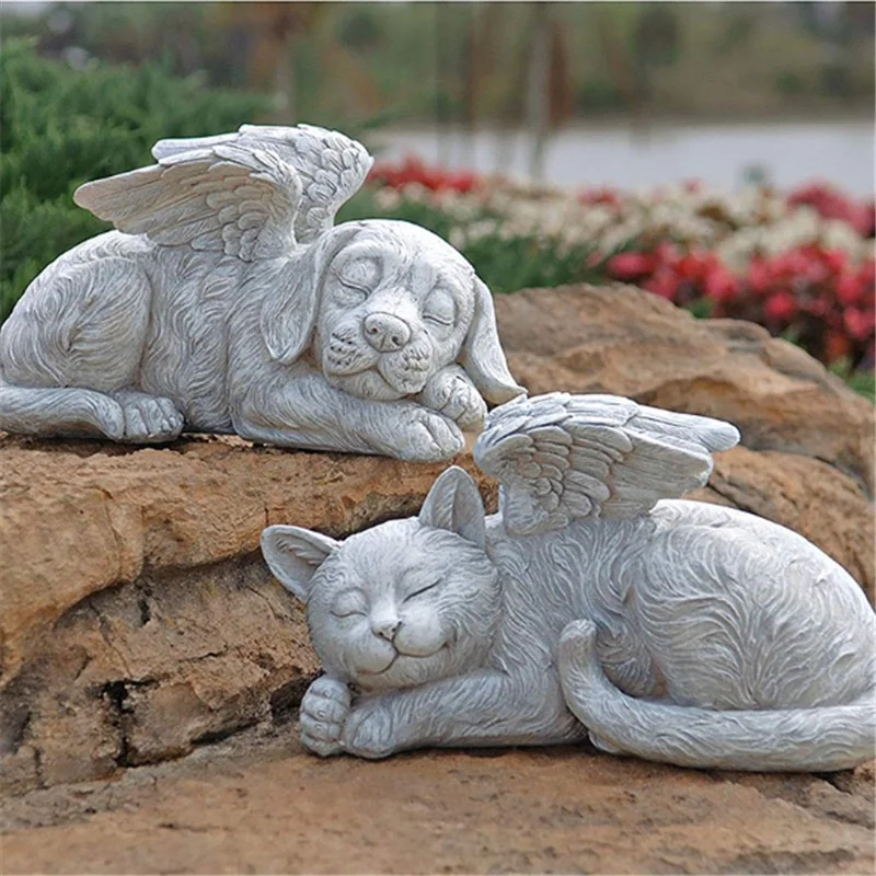 Resin Angel Dog Cat Statue for Garden Decor - Adorable Puppy Tombstone Sculpture Ornaments - Perfect Gifts for Yard and Home Decoration