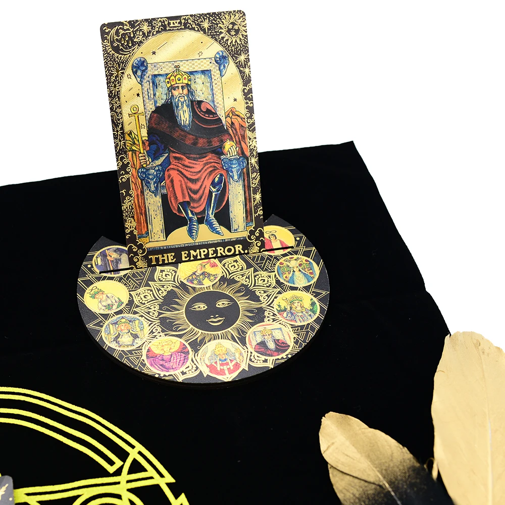 Deluxe Sun Gift Box Set with Gold Foil Tarot - Beautiful Tarot Decks - 12 * 7cm Stamping PVC, Waterproof, Wear Resistant Board Game Card in Feather Black Gold Design