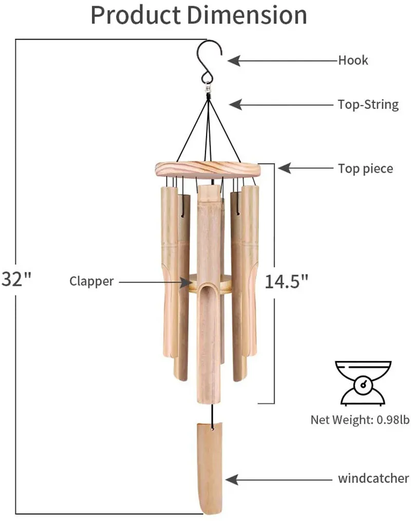 Bamboo Memorial Wind Chimes - 6 Tubes with Natural Relaxing Soothing Sound - Hand-Carved Outdoor Chimes for Garden, Patio, and Home Decor