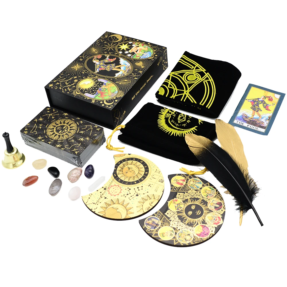 Deluxe Sun Gift Box Set with Gold Foil Tarot - Beautiful Tarot Decks - 12 * 7cm Stamping PVC, Waterproof, Wear Resistant Board Game Card in Feather Black Gold Design