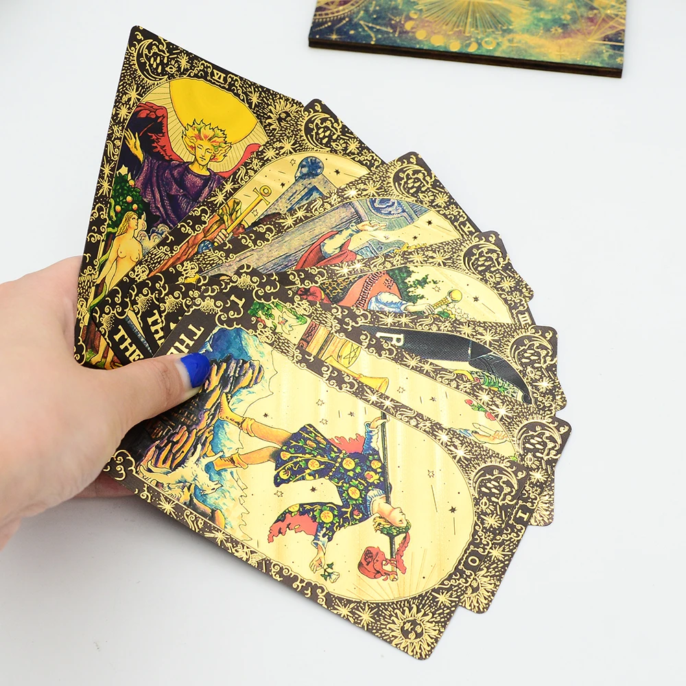 Deluxe Sun Gift Box Set with Gold Foil Tarot - Beautiful Tarot Decks - 12 * 7cm Stamping PVC, Waterproof, Wear Resistant Board Game Card in Feather Black Gold Design