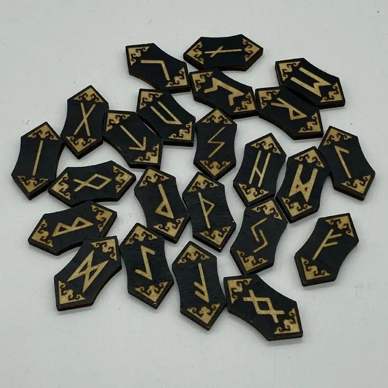 Natural Carved Reiki Healing Therapy Engraved Energy Stone Set - 25Pcs Wooden Runes Piedra for Divination with Witch Runes