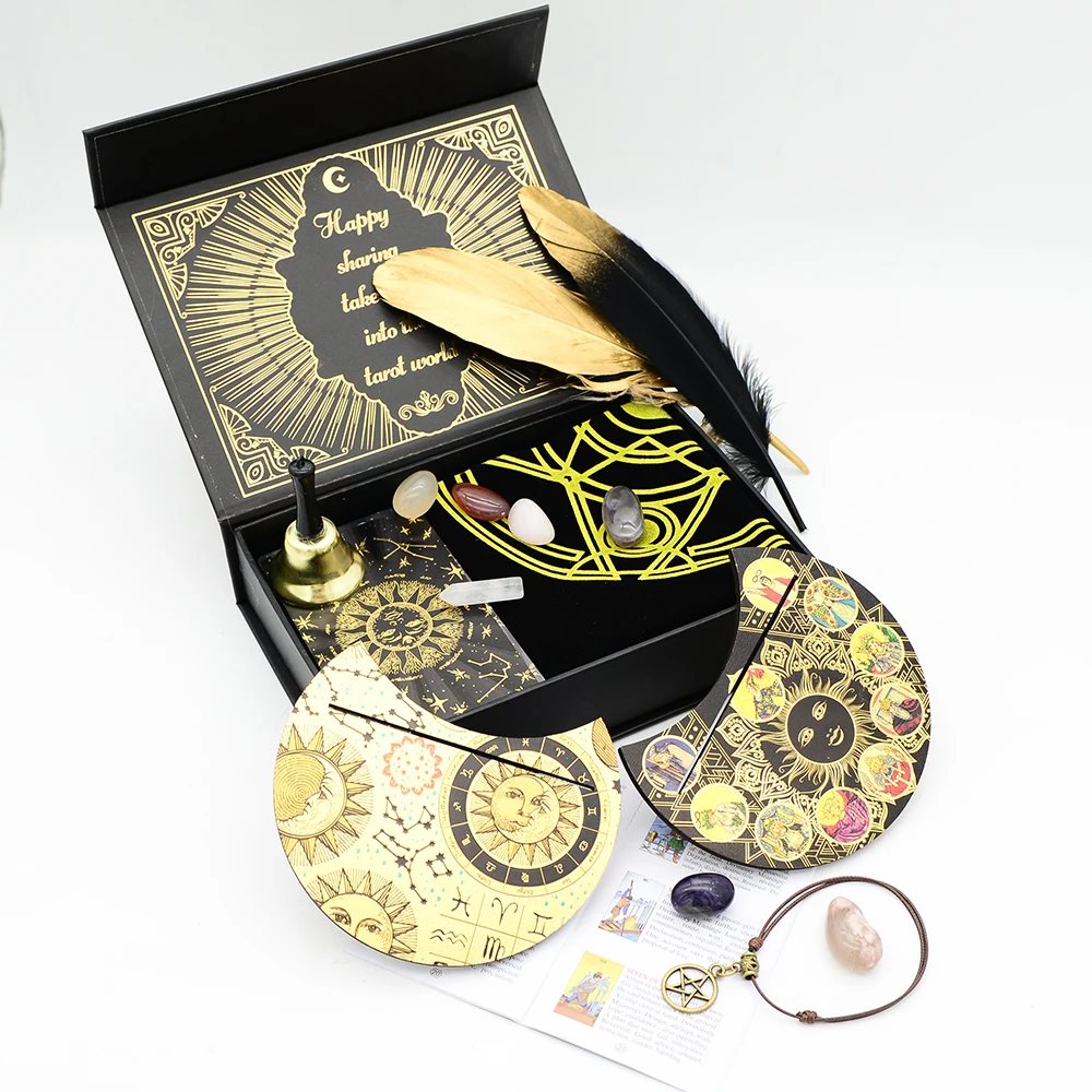 Deluxe Sun Gift Box Set with Gold Foil Tarot - Beautiful Tarot Decks - 12 * 7cm Stamping PVC, Waterproof, Wear Resistant Board Game Card in Feather Black Gold Design