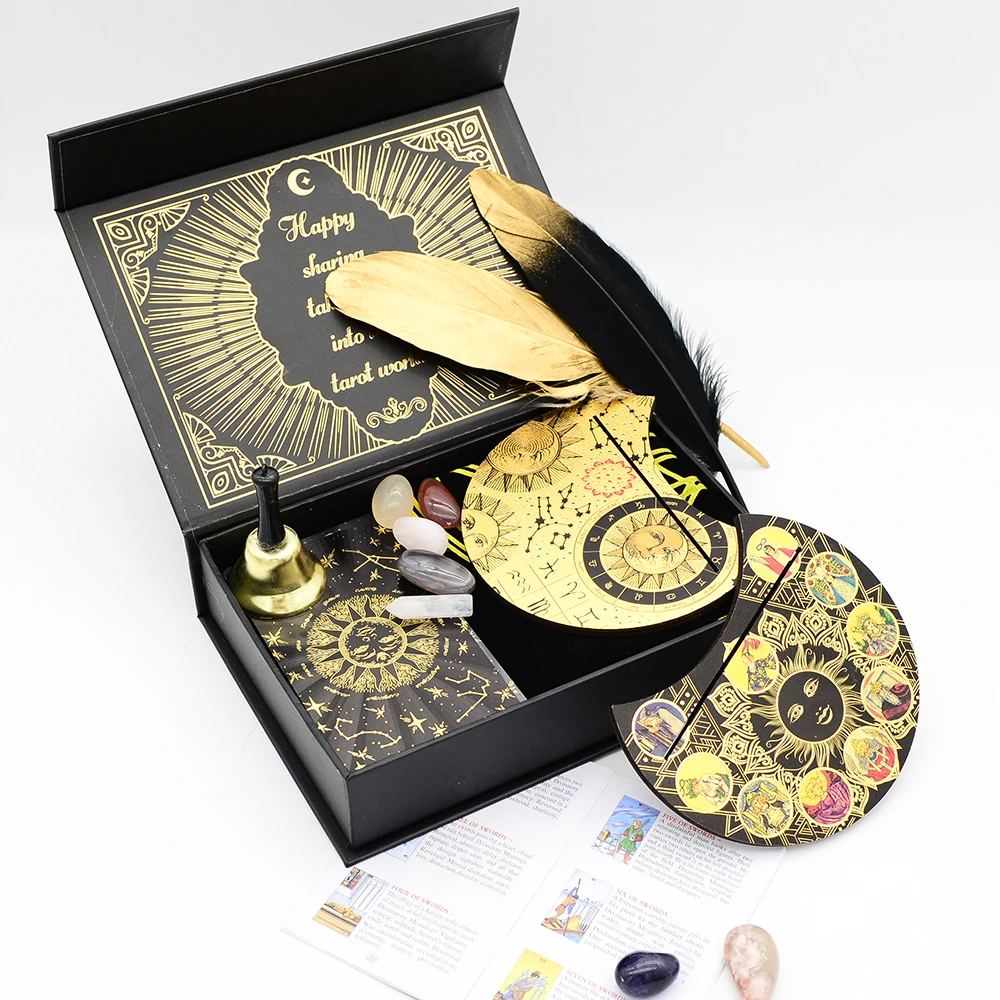 Deluxe Sun Gift Box Set with Gold Foil Tarot - Beautiful Tarot Decks - 12 * 7cm Stamping PVC, Waterproof, Wear Resistant Board Game Card in Feather Black Gold Design