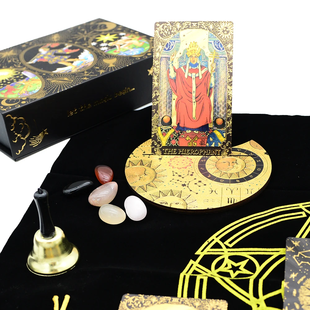 Deluxe Sun Gift Box Set with Gold Foil Tarot - Beautiful Tarot Decks - 12 * 7cm Stamping PVC, Waterproof, Wear Resistant Board Game Card in Feather Black Gold Design