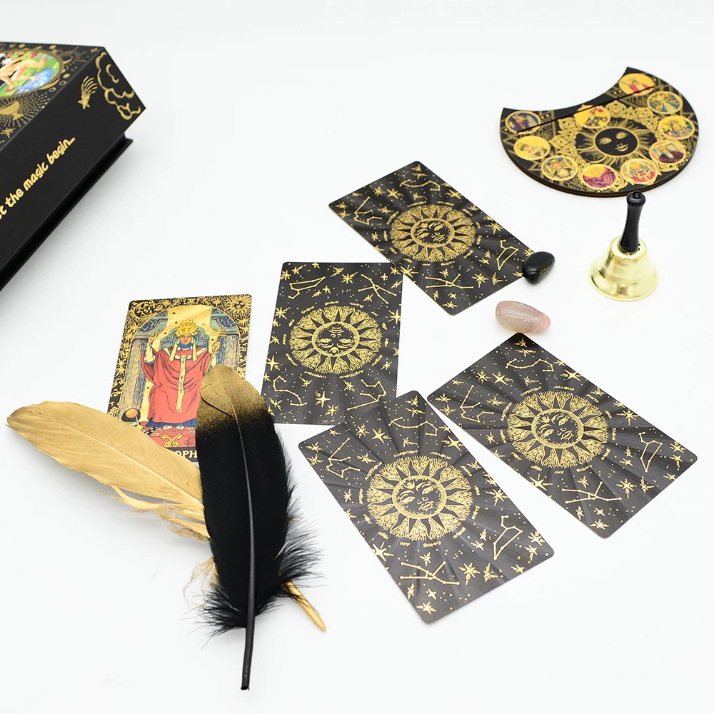 Deluxe Sun Gift Box Set with Gold Foil Tarot - Beautiful Tarot Decks - 12 * 7cm Stamping PVC, Waterproof, Wear Resistant Board Game Card in Feather Black Gold Design
