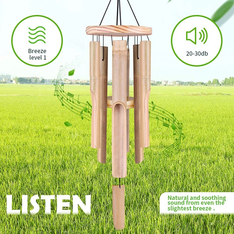 Bamboo Memorial Wind Chimes - 6 Tubes with Natural Relaxing Soothing Sound - Hand-Carved Outdoor Chimes for Garden, Patio, and Home Decor
