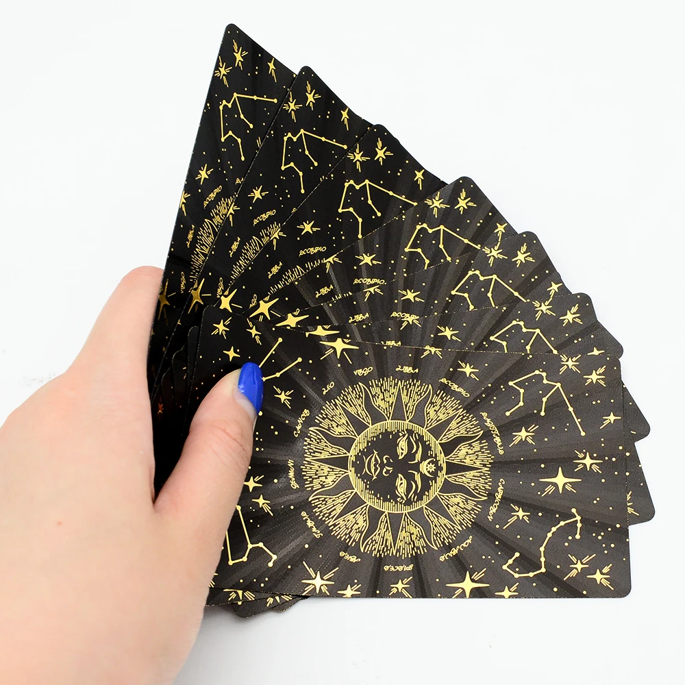 Deluxe Sun Gift Box Set with Gold Foil Tarot - Beautiful Tarot Decks - 12 * 7cm Stamping PVC, Waterproof, Wear Resistant Board Game Card in Feather Black Gold Design
