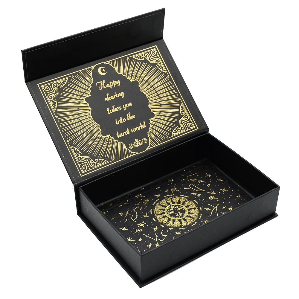 Deluxe Sun Gift Box Set with Gold Foil Tarot - Beautiful Tarot Decks - 12 * 7cm Stamping PVC, Waterproof, Wear Resistant Board Game Card in Feather Black Gold Design