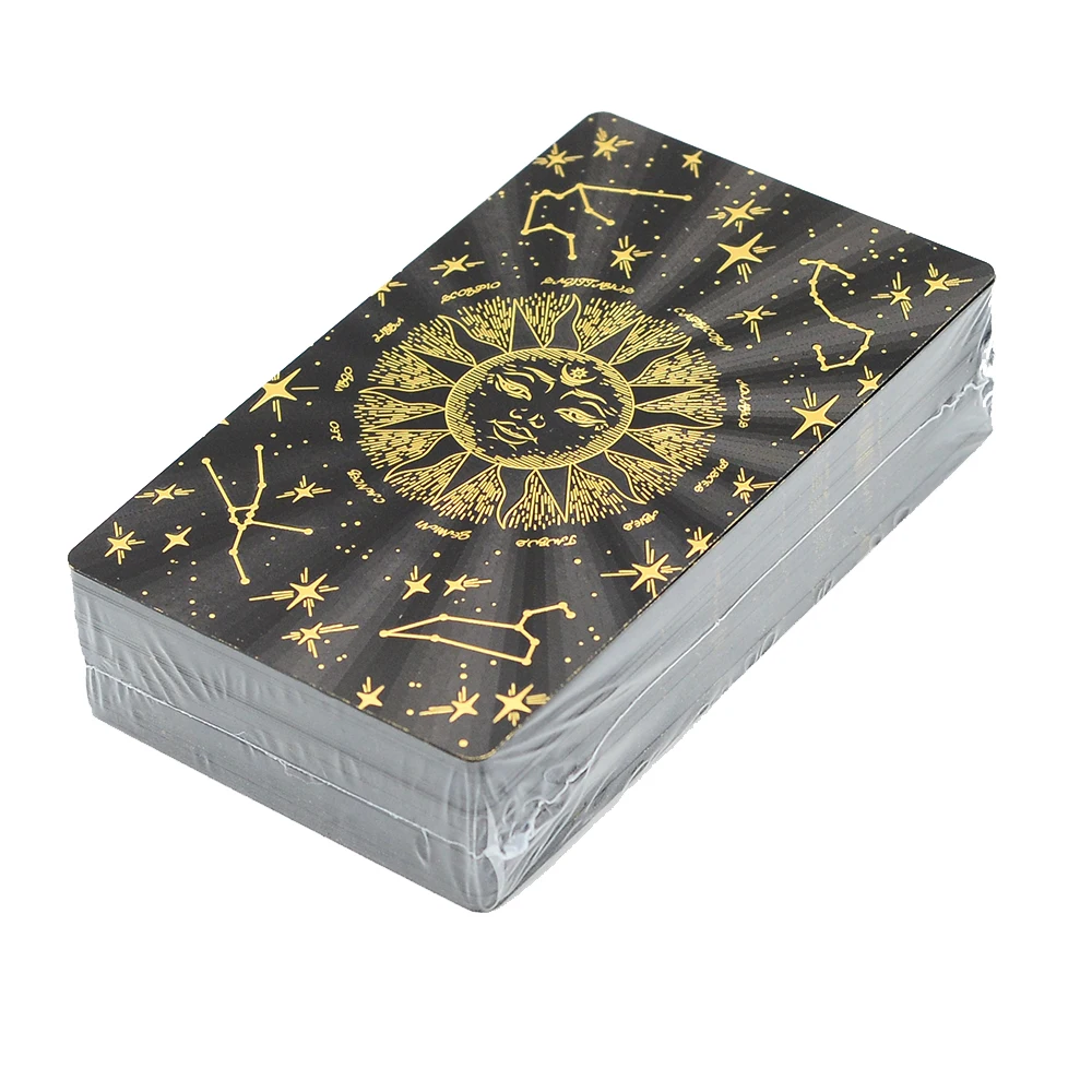 Deluxe Sun Gift Box Set with Gold Foil Tarot - Beautiful Tarot Decks - 12 * 7cm Stamping PVC, Waterproof, Wear Resistant Board Game Card in Feather Black Gold Design