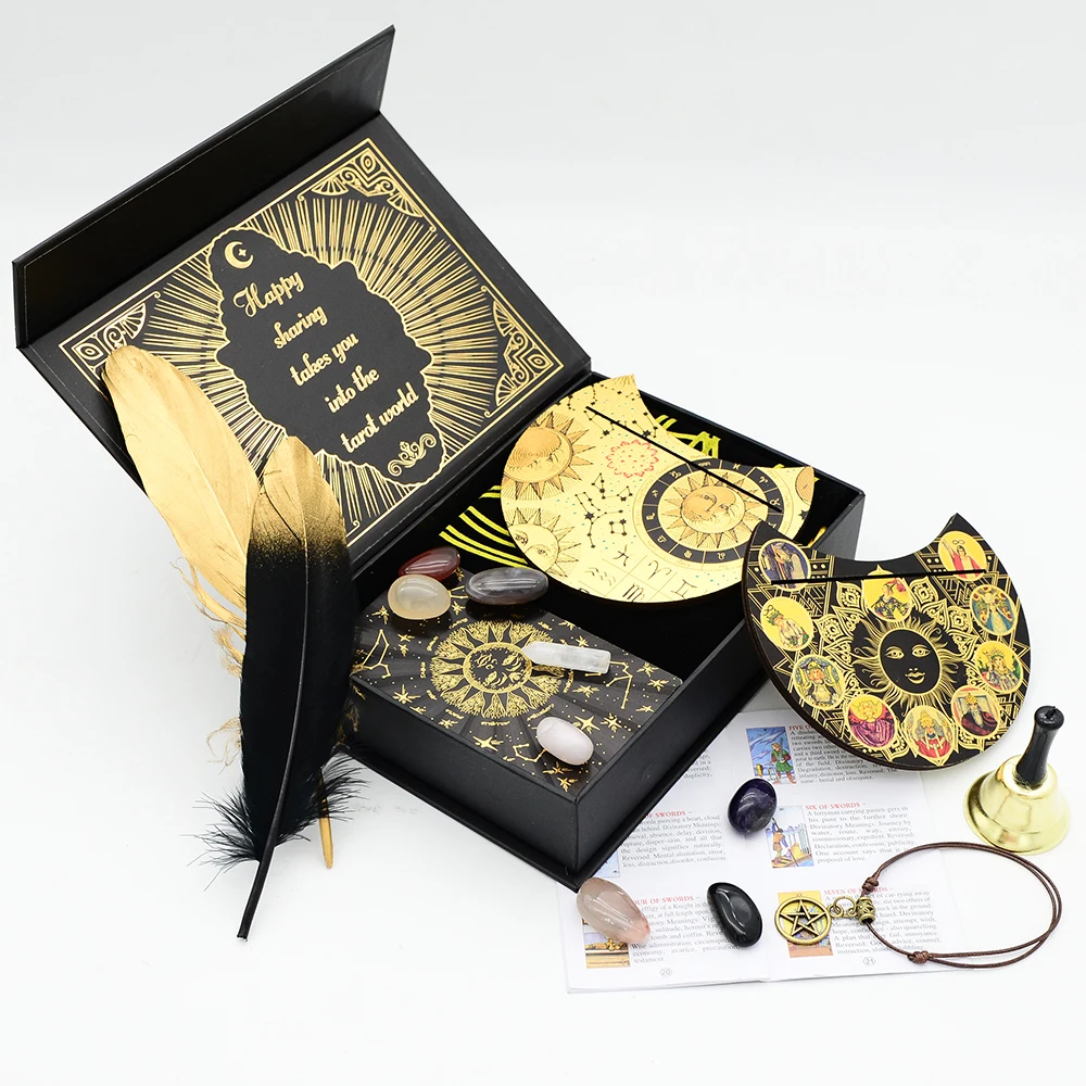 Deluxe Sun Gift Box Set with Gold Foil Tarot - Beautiful Tarot Decks - 12 * 7cm Stamping PVC, Waterproof, Wear Resistant Board Game Card in Feather Black Gold Design