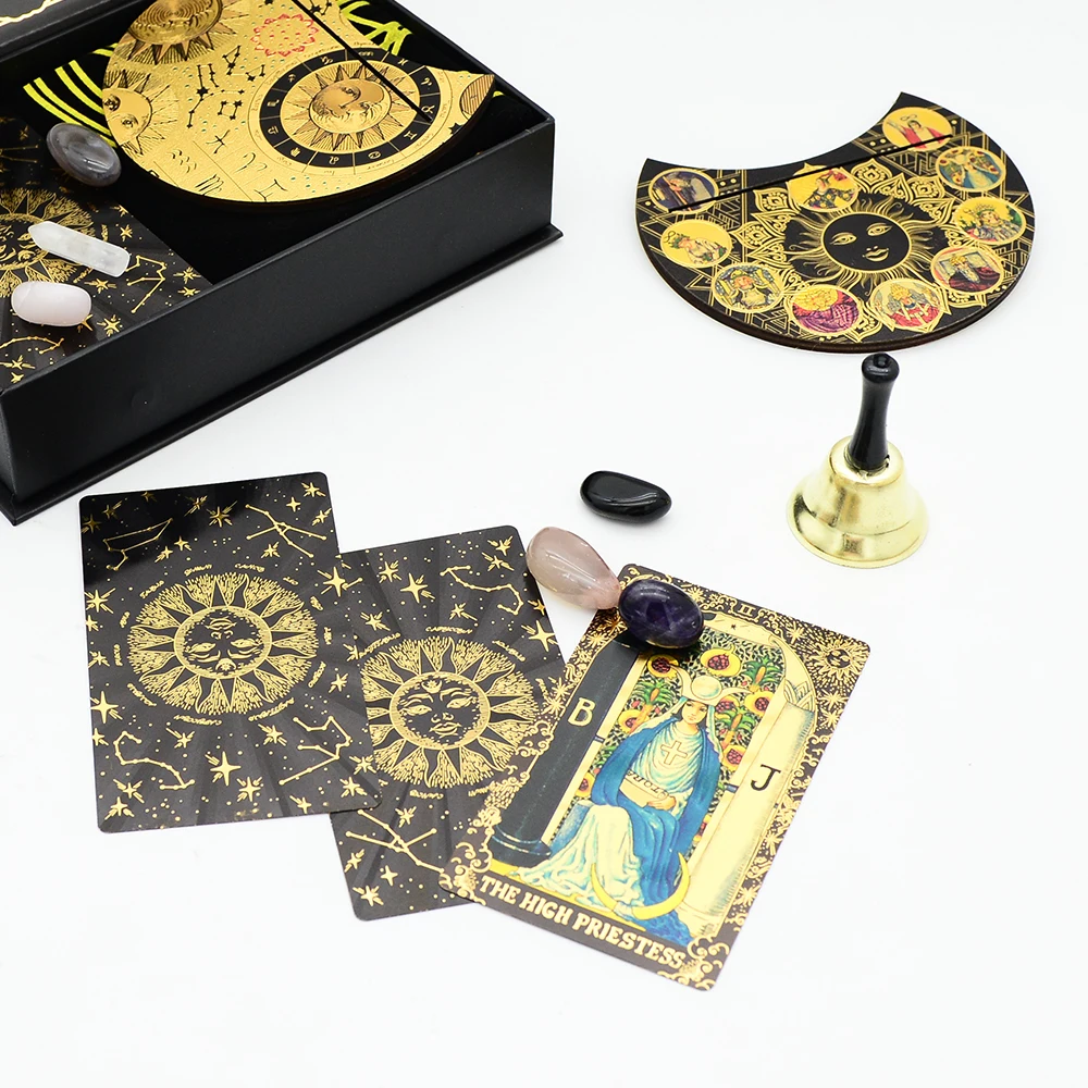 Deluxe Sun Gift Box Set with Gold Foil Tarot - Beautiful Tarot Decks - 12 * 7cm Stamping PVC, Waterproof, Wear Resistant Board Game Card in Feather Black Gold Design