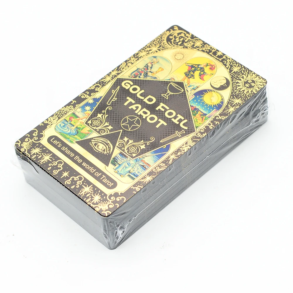 Deluxe Sun Gift Box Set with Gold Foil Tarot - Beautiful Tarot Decks - 12 * 7cm Stamping PVC, Waterproof, Wear Resistant Board Game Card in Feather Black Gold Design
