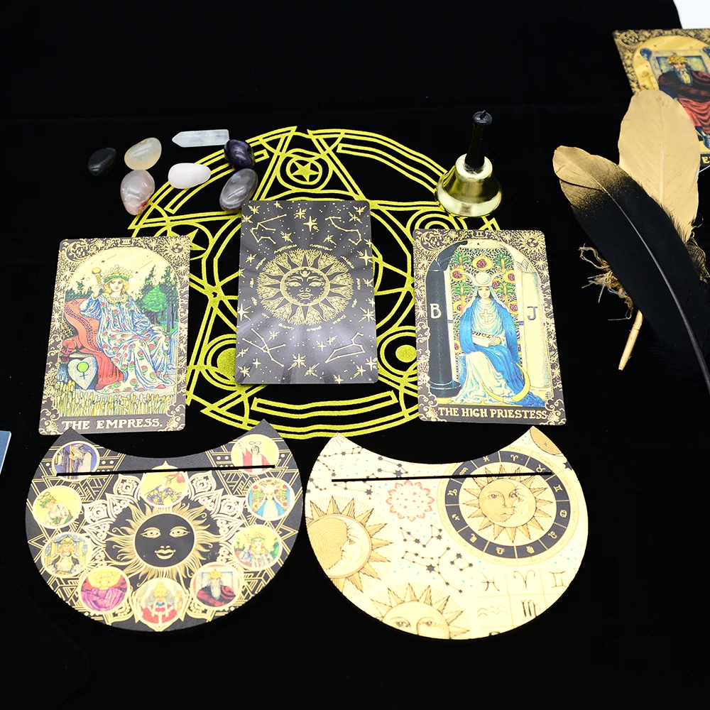 Deluxe Sun Gift Box Set with Gold Foil Tarot - Beautiful Tarot Decks - 12 * 7cm Stamping PVC, Waterproof, Wear Resistant Board Game Card in Feather Black Gold Design